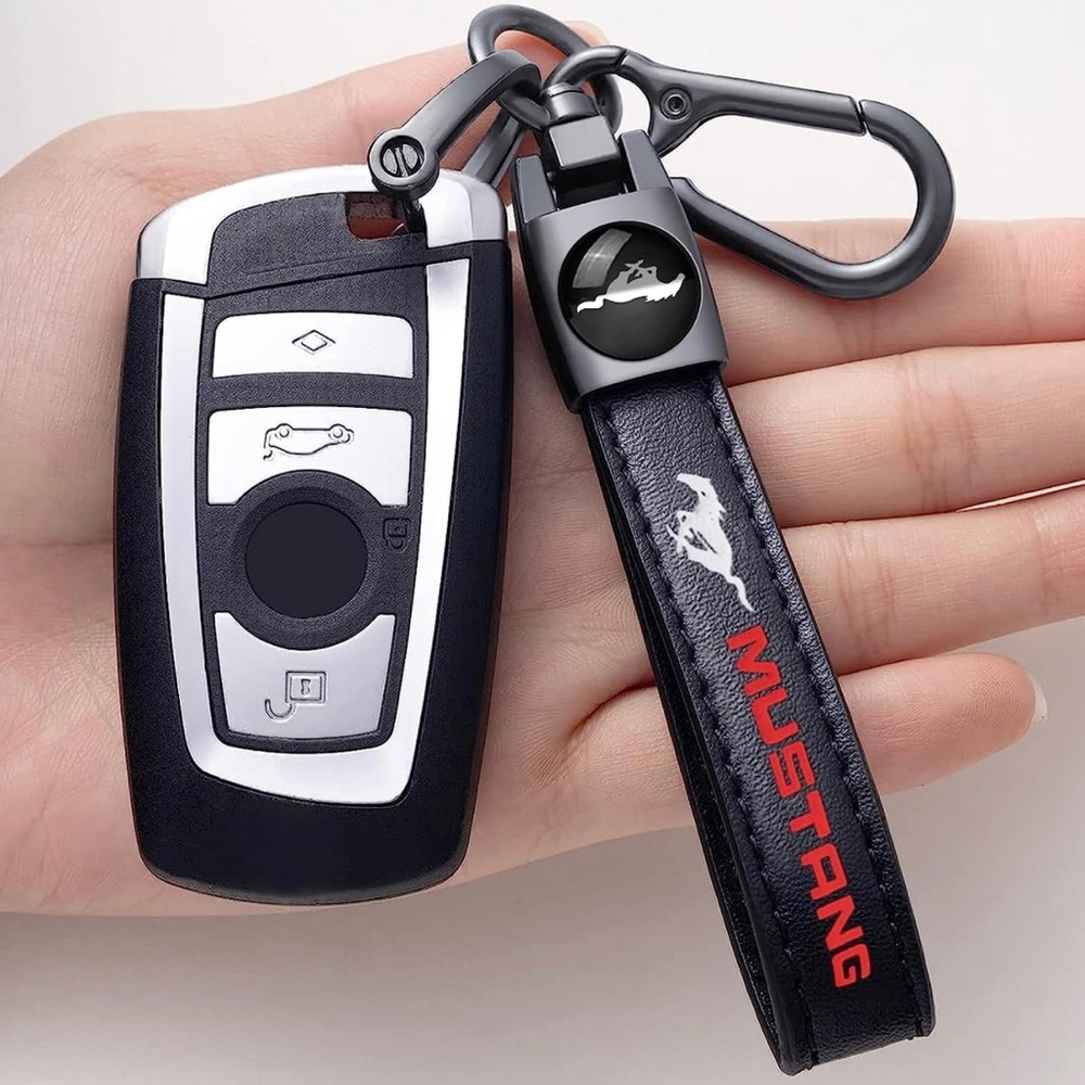 Genuine Leather Car Keychain, Car Key Ring Compatible with Mustang Series New